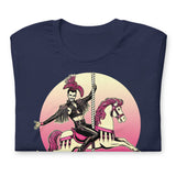 Navy Folded t-shirt with a graphic design of a leather-clad rider on a carousel pony, with the text 'PINK PONY CLUB' above the graphic - Pink Pony Club T-Shirt – LGBTQ+ Leather Pride Gay Tee – Gay pride shirts collection – LGBTQ+ pride t-shirts US UK – Made-to-order gay apparel