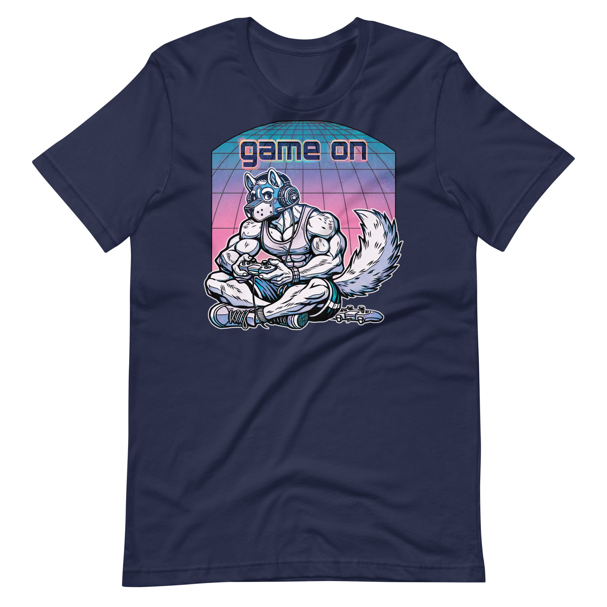 Navy t-shirt with a "Game On Pup" graphic design – Gamer Gay Pup Play T-Shirt – LGBTQ+ pride t-shirts US UK – Gay pride shirts collection – Made-to-order gay apparel
