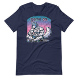 Navy t-shirt with a "Game On Pup" graphic design – Gamer Gay Pup Play T-Shirt – LGBTQ+ pride t-shirts US UK – Gay pride shirts collection – Made-to-order gay apparel