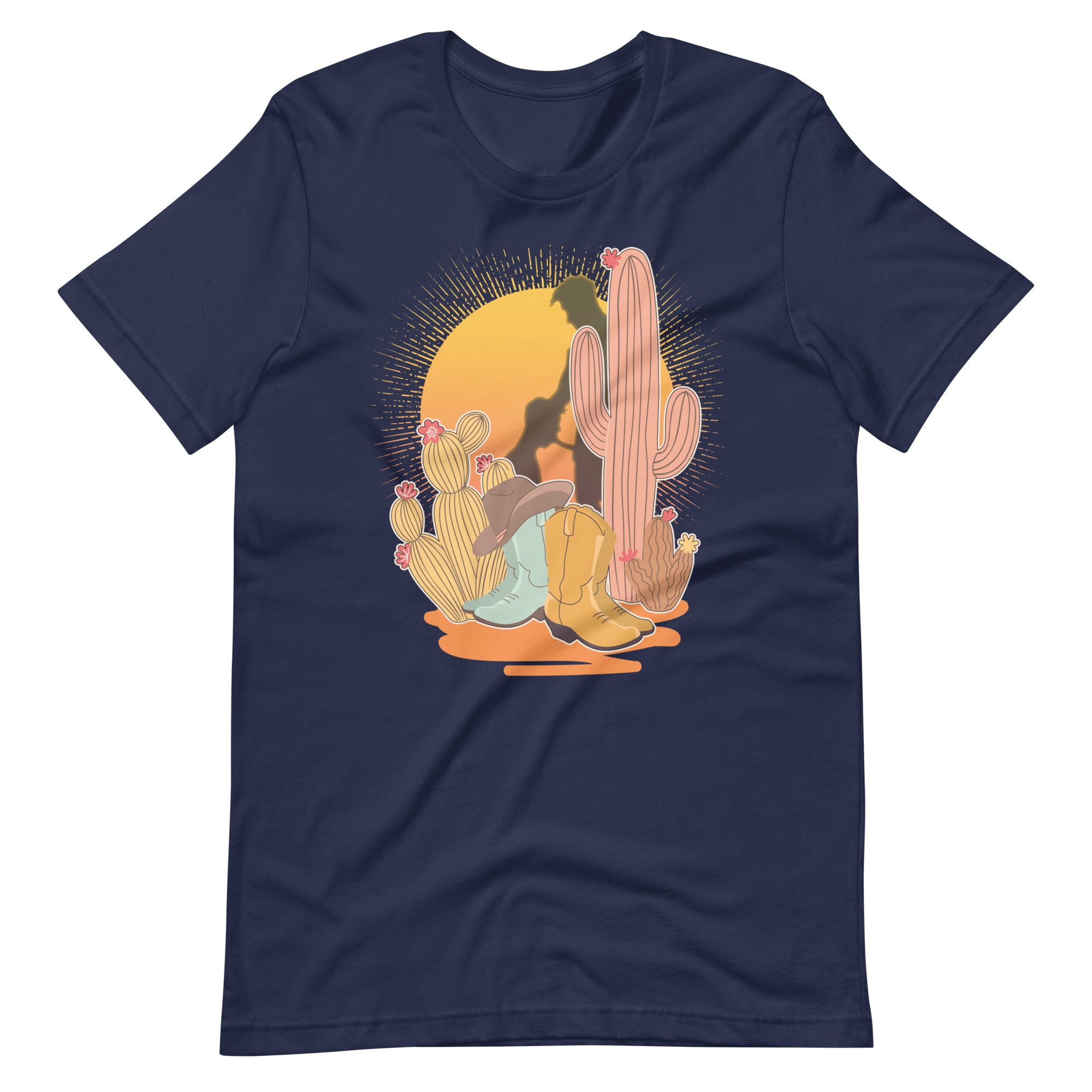 Navy blue shirt featuring a sunset with two silhouetted figures, one sitting sucking the one standing, surrounded by cacti - Vintage Brokeback Cowboy t-shirt - western gay pride tee by BackRoom Gear