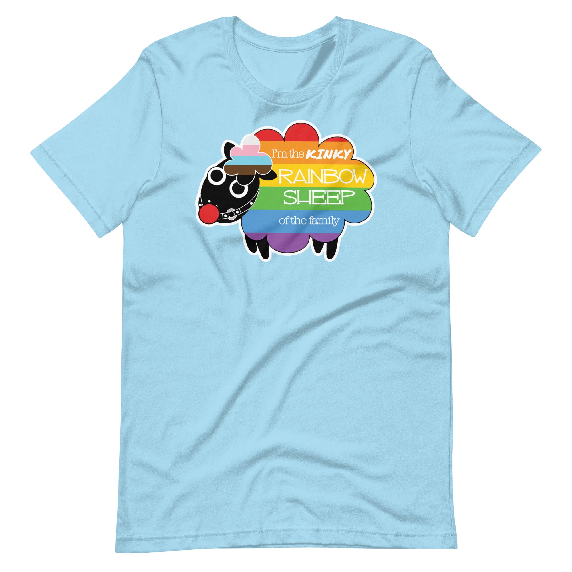 Ocean Blue Kinky Rainbow Sheep T-Shirt – LGBTQ+ Kink Pride Tee – Gay pride shirts collection – LGBTQ+ pride t-shirts US UK – Made-to-order gay apparel