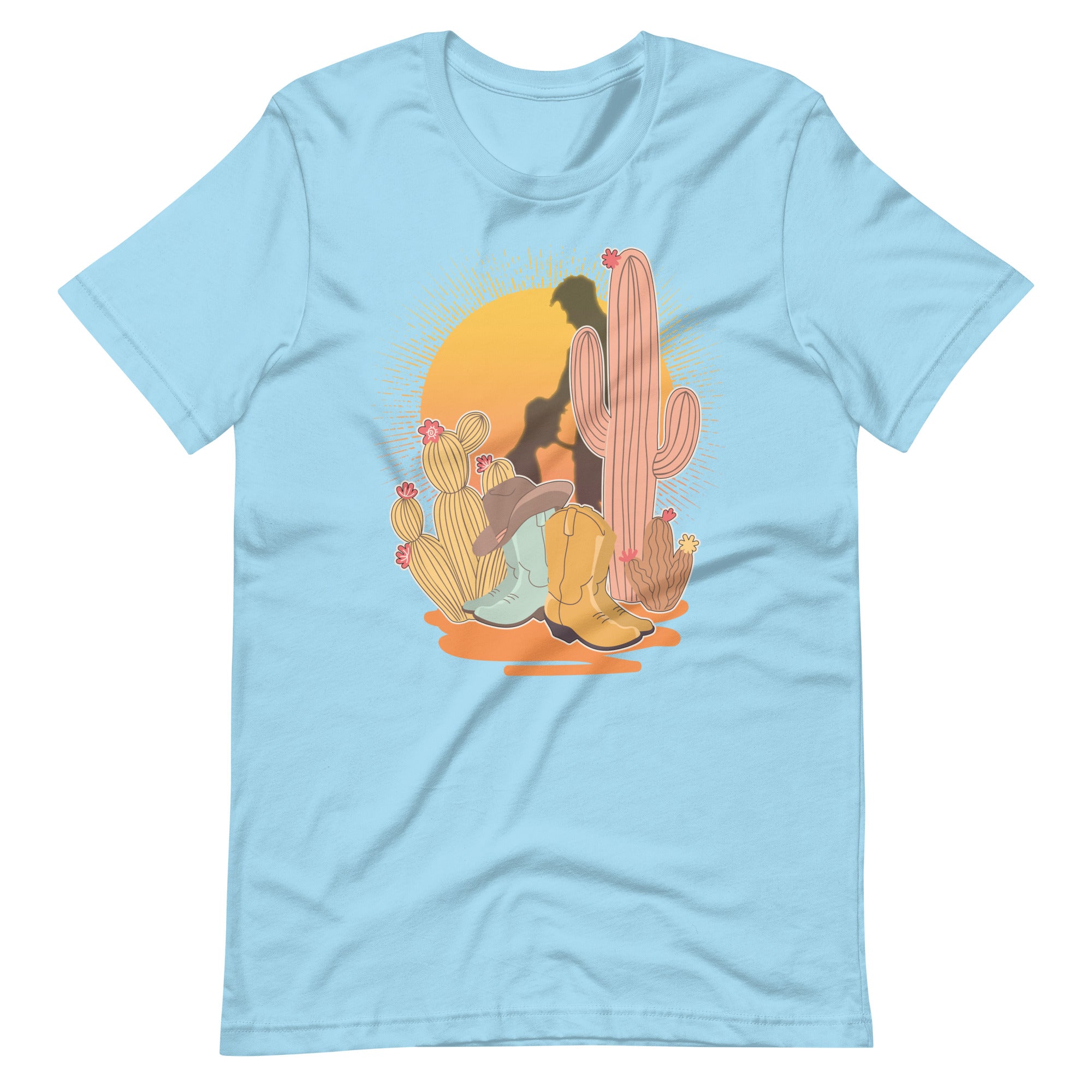 Ocean blue shirt featuring a sunset with two silhouetted figures, one sitting sucking the one standing, surrounded by cacti - Vintage Brokeback Cowboy t-shirt - western gay pride tee by BackRoom Gear