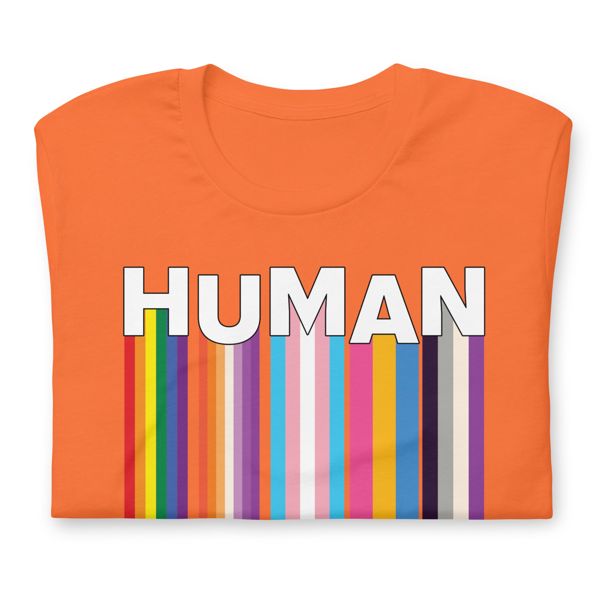 We Are Human Orange T-Shirt Folded - BackRoom Gear - Human Rainbow Heart Pride T-Shirt – LGBTQ+ Love Unity Tee – Inclusive rainbow pride shirt – LGBTQ+ pride t-shirts US UK – Made-to-order LGBTQ clothing