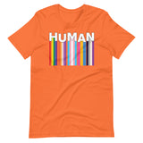 We Are Human Orange T-Shirt Flat - BackRoom Gear - Human Rainbow Heart Pride T-Shirt – LGBTQ+ Love Unity Tee – Inclusive rainbow pride shirt – LGBTQ+ pride t-shirts US UK – Made-to-order LGBTQ clothing