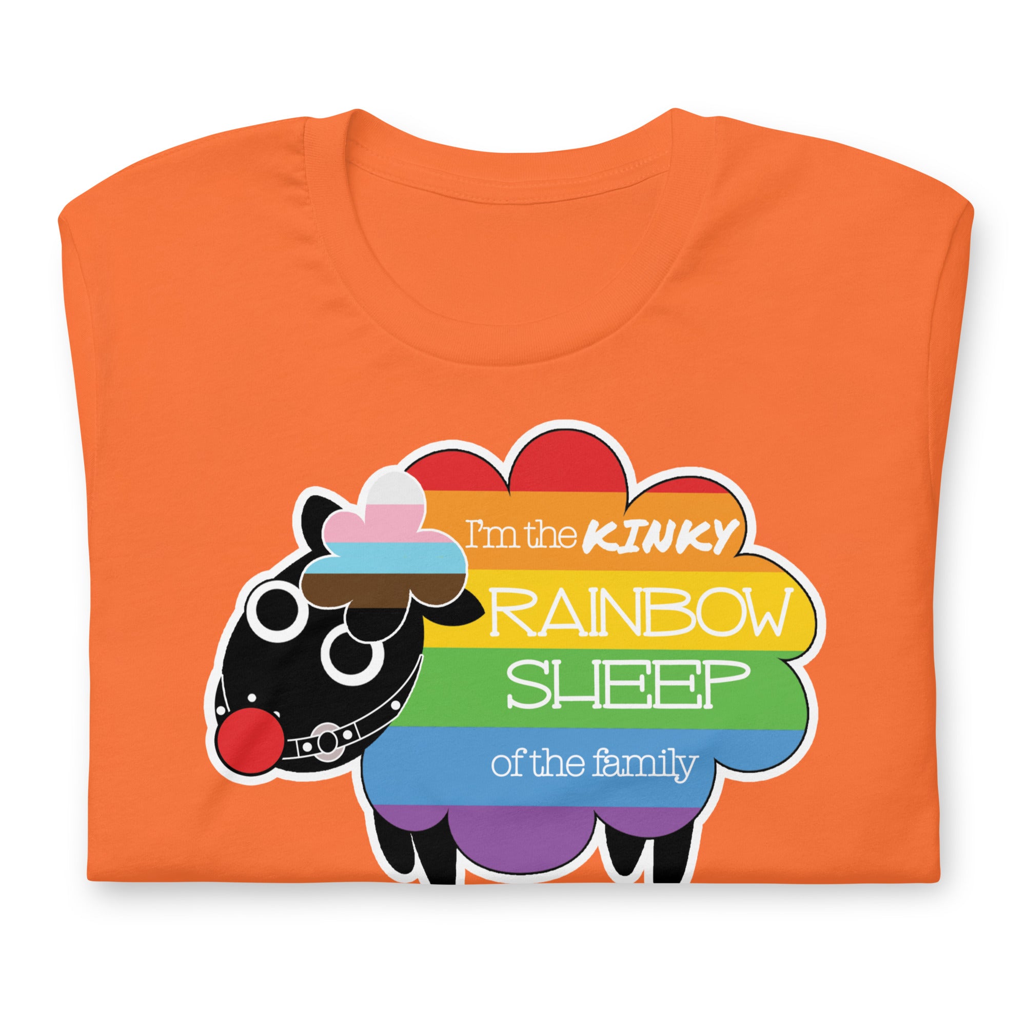 Orange Kinky Rainbow Sheep T-Shirt – LGBTQ+ Kink Pride Tee – Gay pride shirts collection – LGBTQ+ pride t-shirts US UK – Made-to-order gay apparel