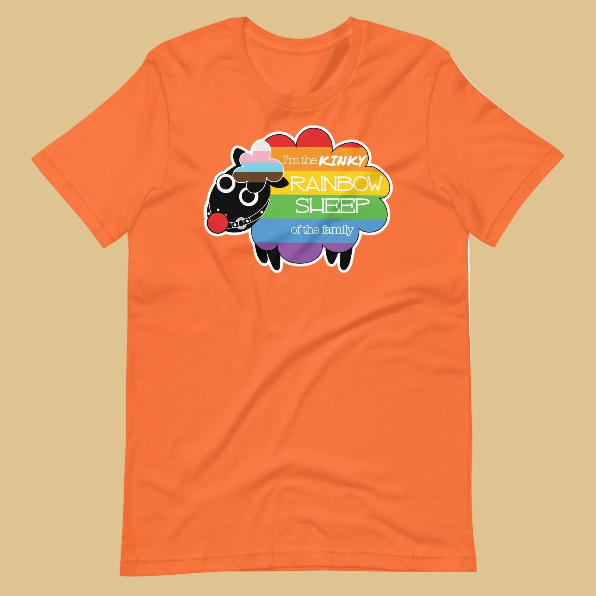 Orange Kinky Rainbow Sheep T-Shirt – LGBTQ+ Kink Pride Tee – Gay pride shirts collection – LGBTQ+ pride t-shirts US UK – Made-to-order gay apparel