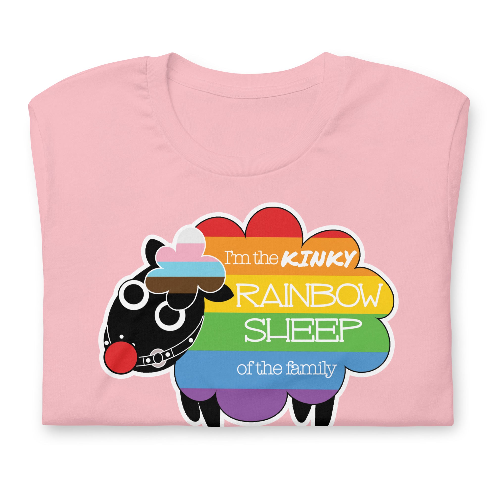 Pink Kinky Rainbow Sheep T-Shirt – LGBTQ+ Kink Pride Tee – Gay pride shirts collection – LGBTQ+ pride t-shirts US UK – Made-to-order gay apparel