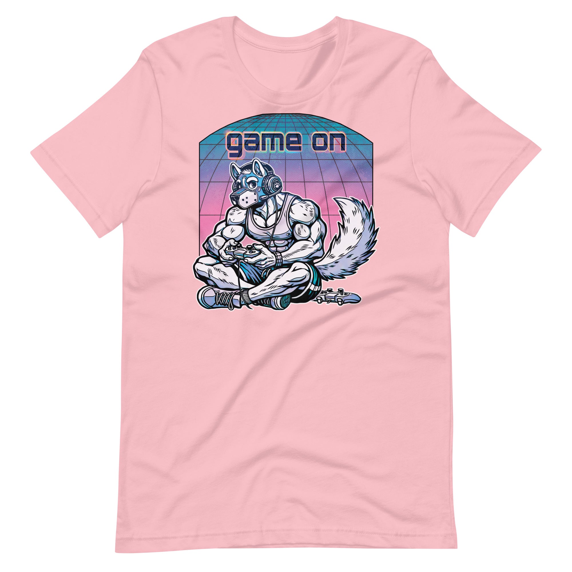 Pink t-shirt with a "Game On Pup" graphic design – Gamer Gay Pup Play T-Shirt – LGBTQ+ pride t-shirts US UK – Gay pride shirts collection – Made-to-order gay apparel