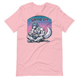 Pink t-shirt with a "Game On Pup" graphic design – Gamer Gay Pup Play T-Shirt – LGBTQ+ pride t-shirts US UK – Gay pride shirts collection – Made-to-order gay apparel