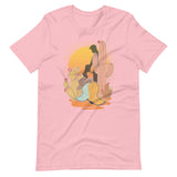 Pink shirt featuring a sunset with two silhouetted figures, one sitting sucking the one standing, surrounded by cacti - Vintage Brokeback Cowboy t-shirt - western gay pride tee by BackRoom Gear
