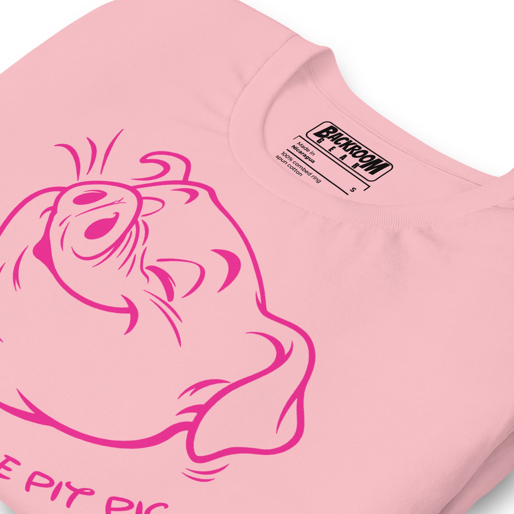 Folded close-up of Happy Little Pit Pig pink t-shirt front view with pit pig graphic - Backroom Gear