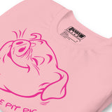 Folded close-up of Happy Little Pit Pig pink t-shirt front view with pit pig graphic - Backroom Gear