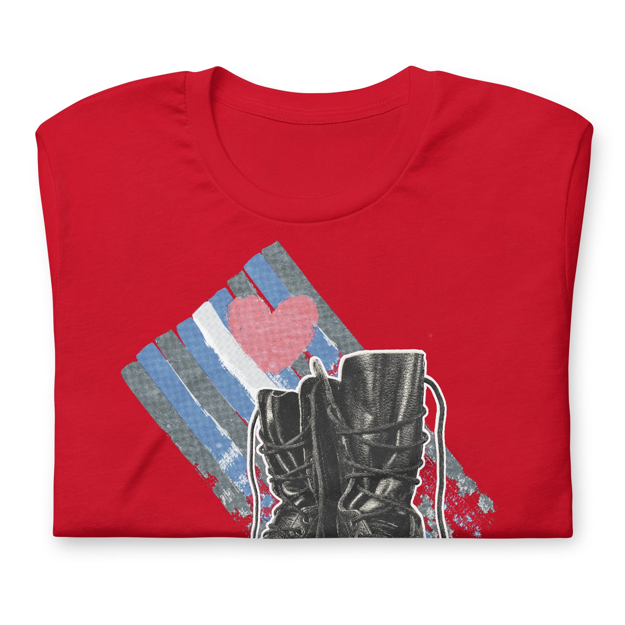 Love Boots Red Folded t-shirt with a graphic of leather boots and the word 'BOOTS' on it - Love Boots Leather Lover T-Shirt – Gay Leather Pride Tee – LGBTQ+ pride t-shirts US UK – Gay pride shirts collection – Made-to-order gay apparel