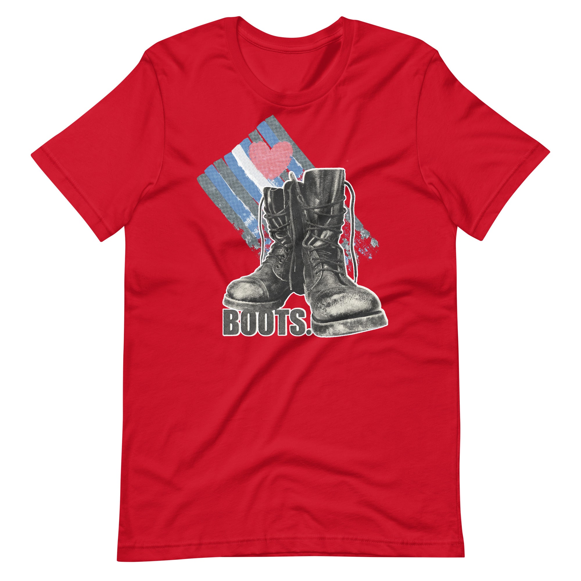 Love Boots Red t-shirt with a graphic of leather boots and the word 'BOOTS' on it - Love Boots Leather Lover T-Shirt – Gay Leather Pride Tee – LGBTQ+ pride t-shirts US UK – Gay pride shirts collection – Made-to-order gay apparel