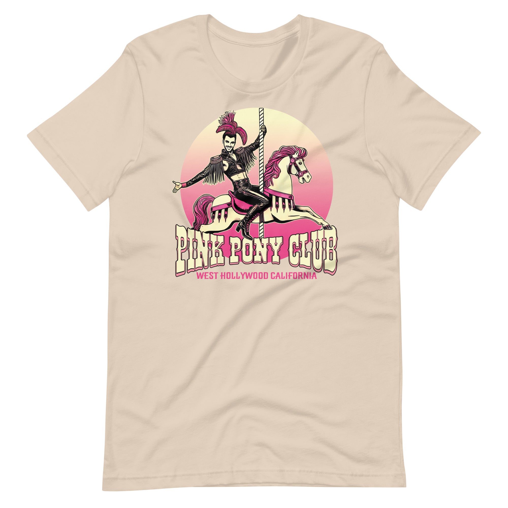 Soft Cream t-shirt with a graphic design of a leather-clad rider on a carousel pony, with the text 'PINK PONY CLUB' above the graphic - Pink Pony Club T-Shirt – LGBTQ+ Leather Pride Gay Tee – Gay pride shirts collection – LGBTQ+ pride t-shirts US UK – Made-to-order gay apparel
