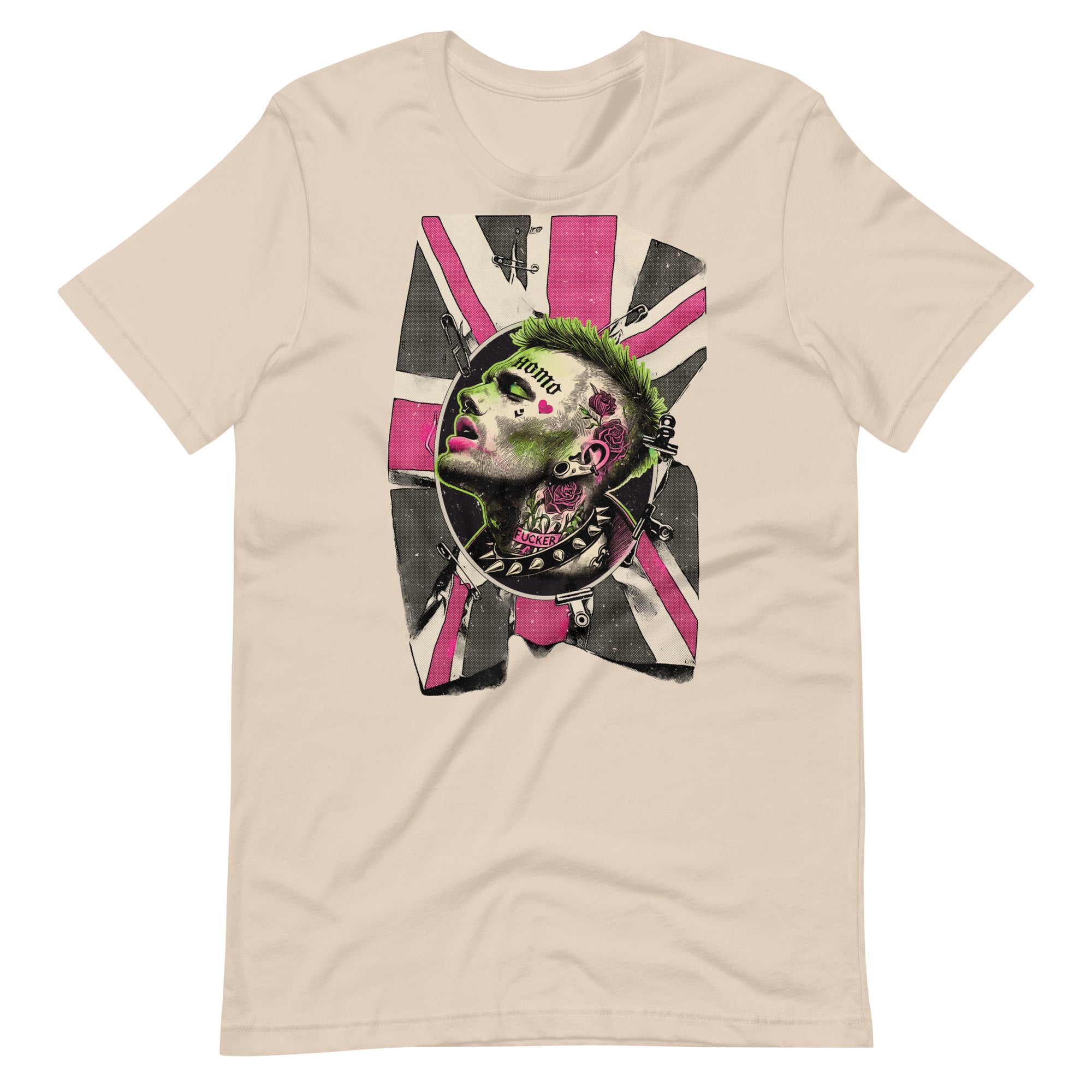 Soft cream t-shirt with a homosexual punk pink and green graphic design - Queer Punk Anthem t-shirt - gay rebel graphic tee by BackRoomGear
