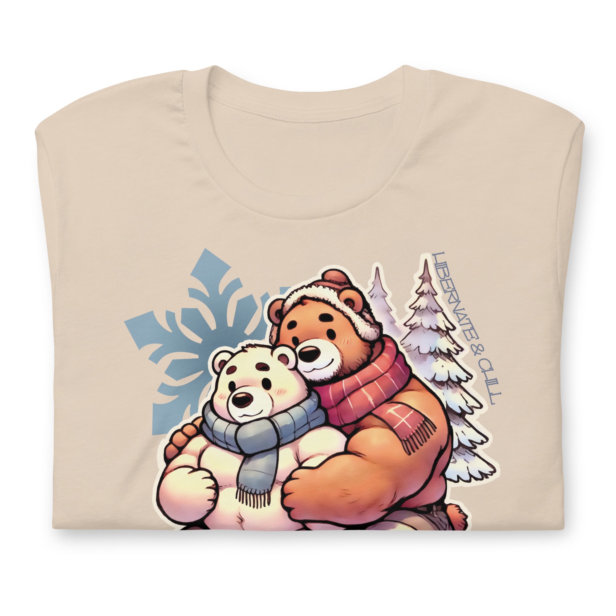 Gay bear shirt in soft cream with hibernating bear couple folded - Cuddly Bear Winter T-Shirt – Cozy Gay Bear Pride Snuggles – LGBTQ+ pride t-shirts US UK – Gay pride shirts collection – Made-to-order gay apparel