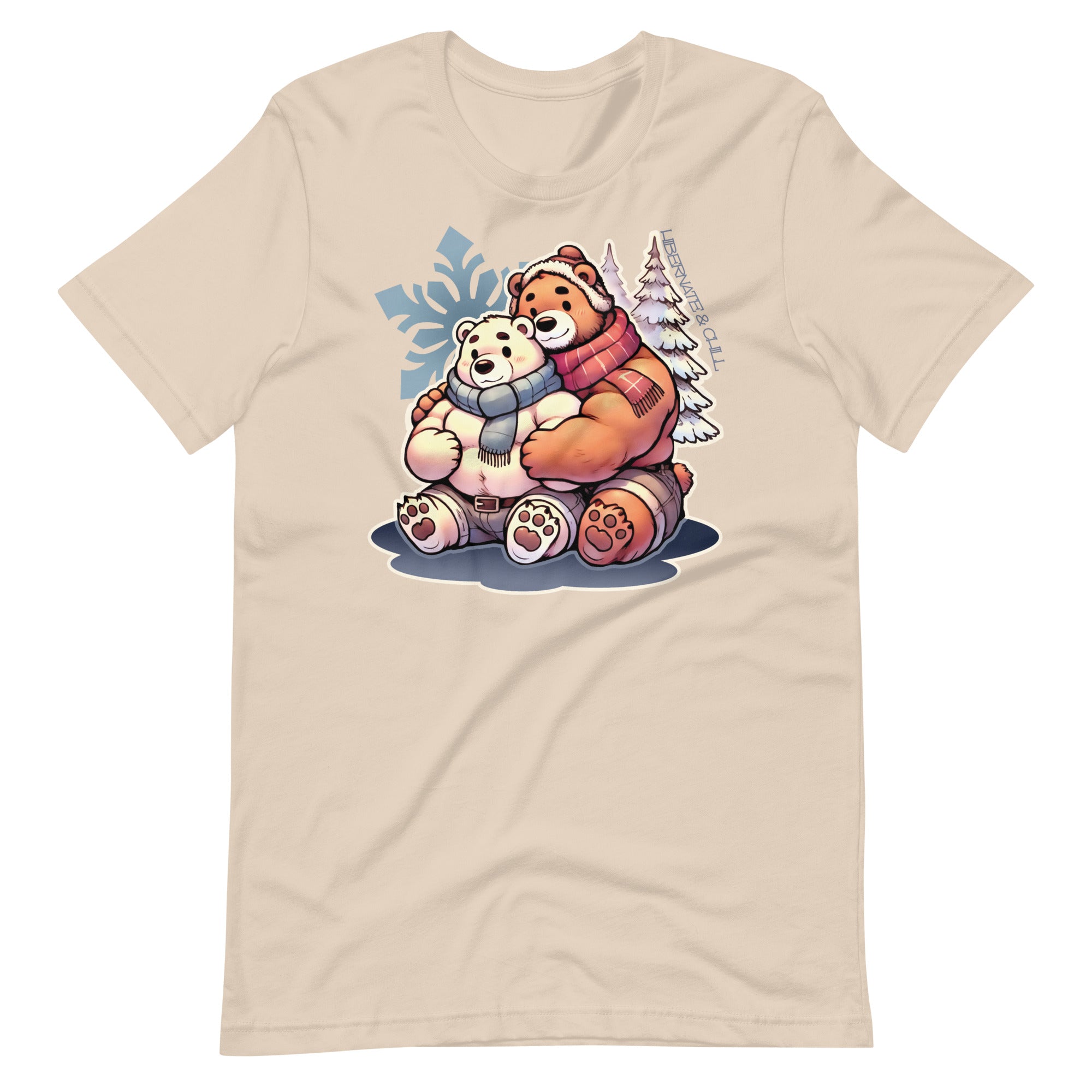 Gay bear t-shirt in soft cream with hibernating bear couple flat lay - Cuddly Bear Winter T-Shirt – Cozy Gay Bear Pride Snuggles – LGBTQ+ pride t-shirts US UK – Gay pride shirts collection – Made-to-order gay apparel
