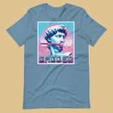 Steel blue shirt featuring a stone statue head gagged by a ball gag with a retro vaporwave background - Gagged t-shirt - bondage kink pride LGBTQ+ gay tee by BackRoomGear
