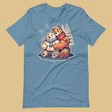 Gay bear t-shirt cuddly winter bear design in steel blue flat lay - Cuddly Bear Winter T-Shirt – Cozy Gay Bear Pride Snuggles – LGBTQ+ pride t-shirts US UK – Gay pride shirts collection – Made-to-order gay apparel