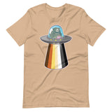 Gay bear t-shirt in tan with UFO abduction bear flat lay - UFO Bear T-Shirt – Gay Leather Pride Tee for Bears – LGBTQ+ pride t-shirts US UK – Gay pride shirts collection – Made-to-order gay apparel