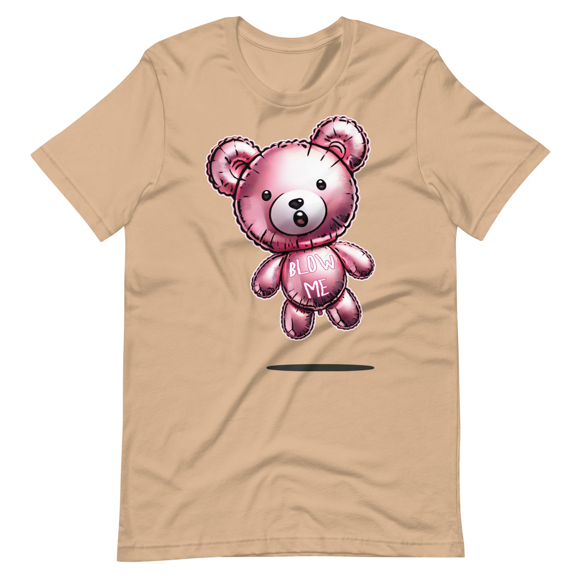 Tan t-shirt with a bear balloon design with the words "BLOW ME" on a beige background - Berry pink Blow Me Bear t-shirt - funny gay pride balloon tee by BackRoom Gear