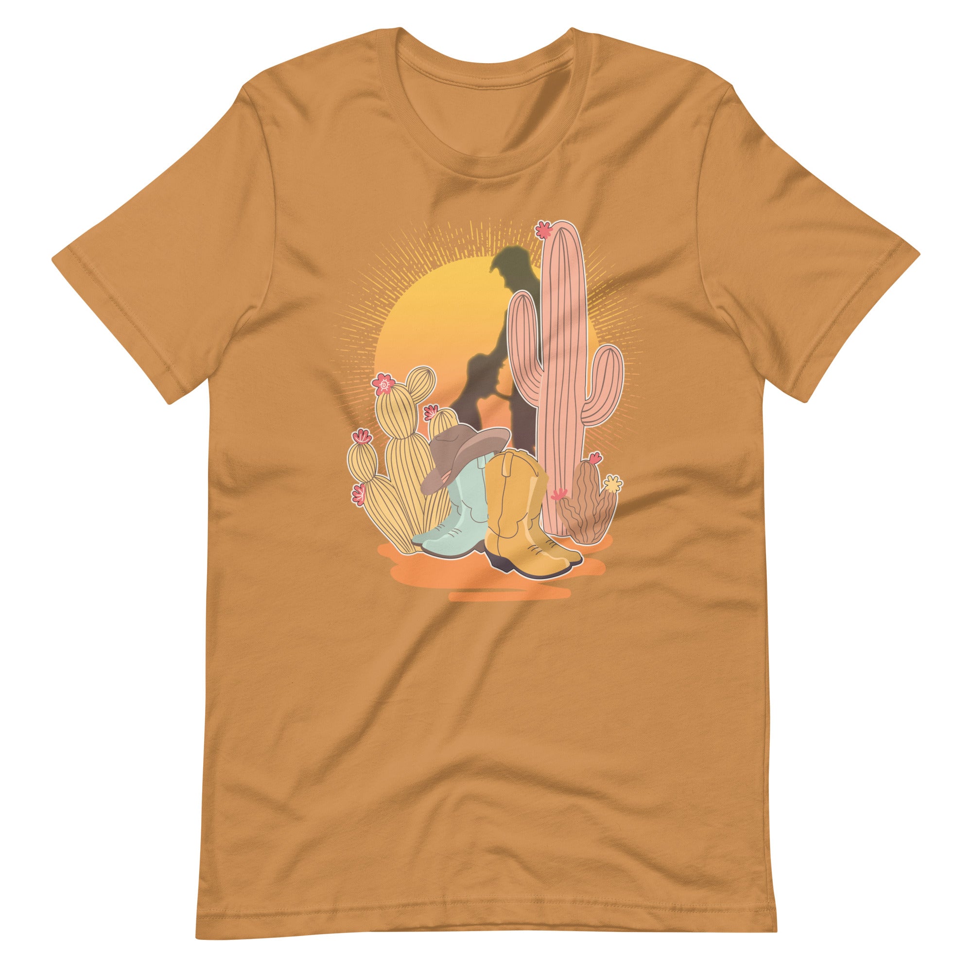 Toast brown shirt featuring a sunset with two silhouetted figures, one sitting sucking the one standing, surrounded by cacti - Vintage Brokeback Cowboy t-shirt - western gay pride tee by BackRoom Gear