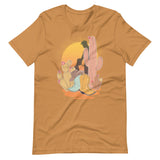 Toast brown shirt featuring a sunset with two silhouetted figures, one sitting sucking the one standing, surrounded by cacti - Vintage Brokeback Cowboy t-shirt - western gay pride tee by BackRoom Gear