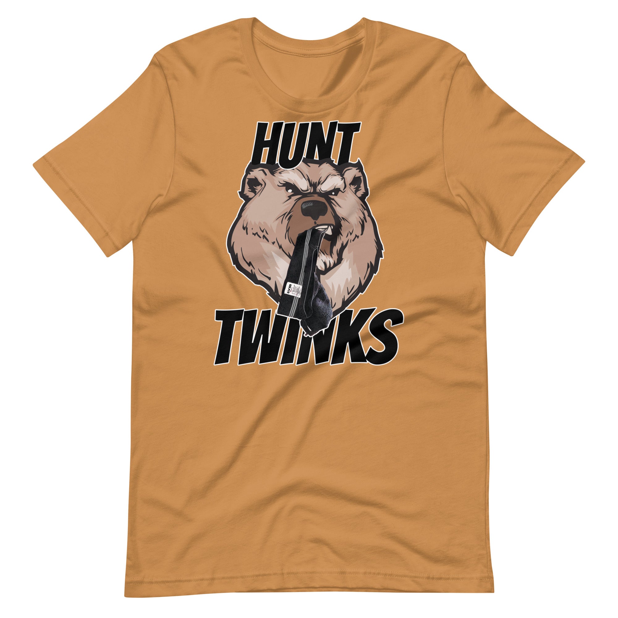 Toast beige shirt with a bear chomping on a jock strap graphic - Hunt Twinks t-shirt - gay bear daddy pride tee by BackRoom Gear