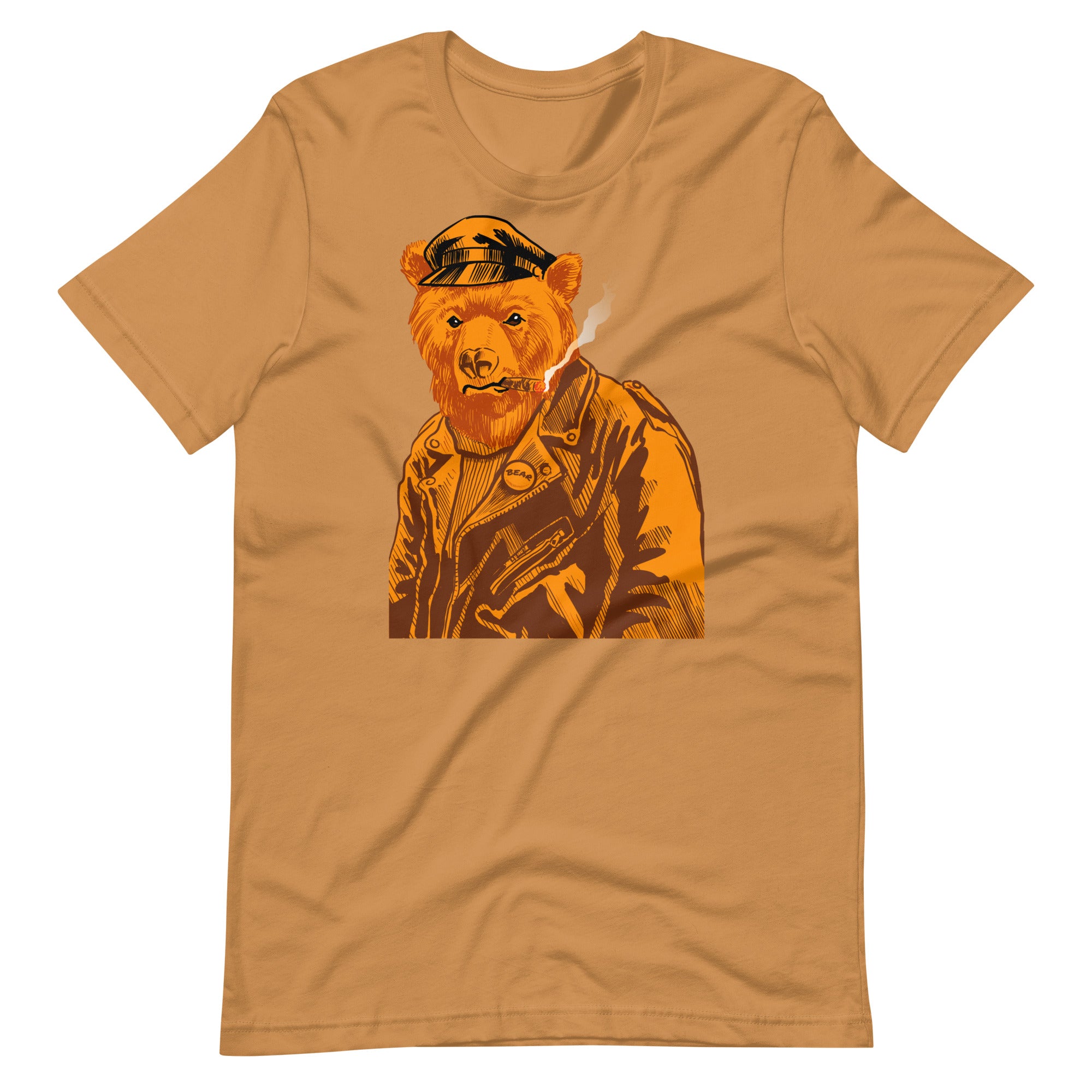Toast brown T-shirt with a vintage-style graphic of a leather-clad bear - Vintage Leather Bear Pride T-Shirt – Retro Gay Bear Flag Tee – LGBTQ+ pride t-shirts US UK – Gay pride shirts collection – Made-to-order gay apparel