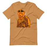 Toast brown T-shirt with a vintage-style graphic of a leather-clad bear - Vintage Leather Bear Pride T-Shirt – Retro Gay Bear Flag Tee – LGBTQ+ pride t-shirts US UK – Gay pride shirts collection – Made-to-order gay apparel