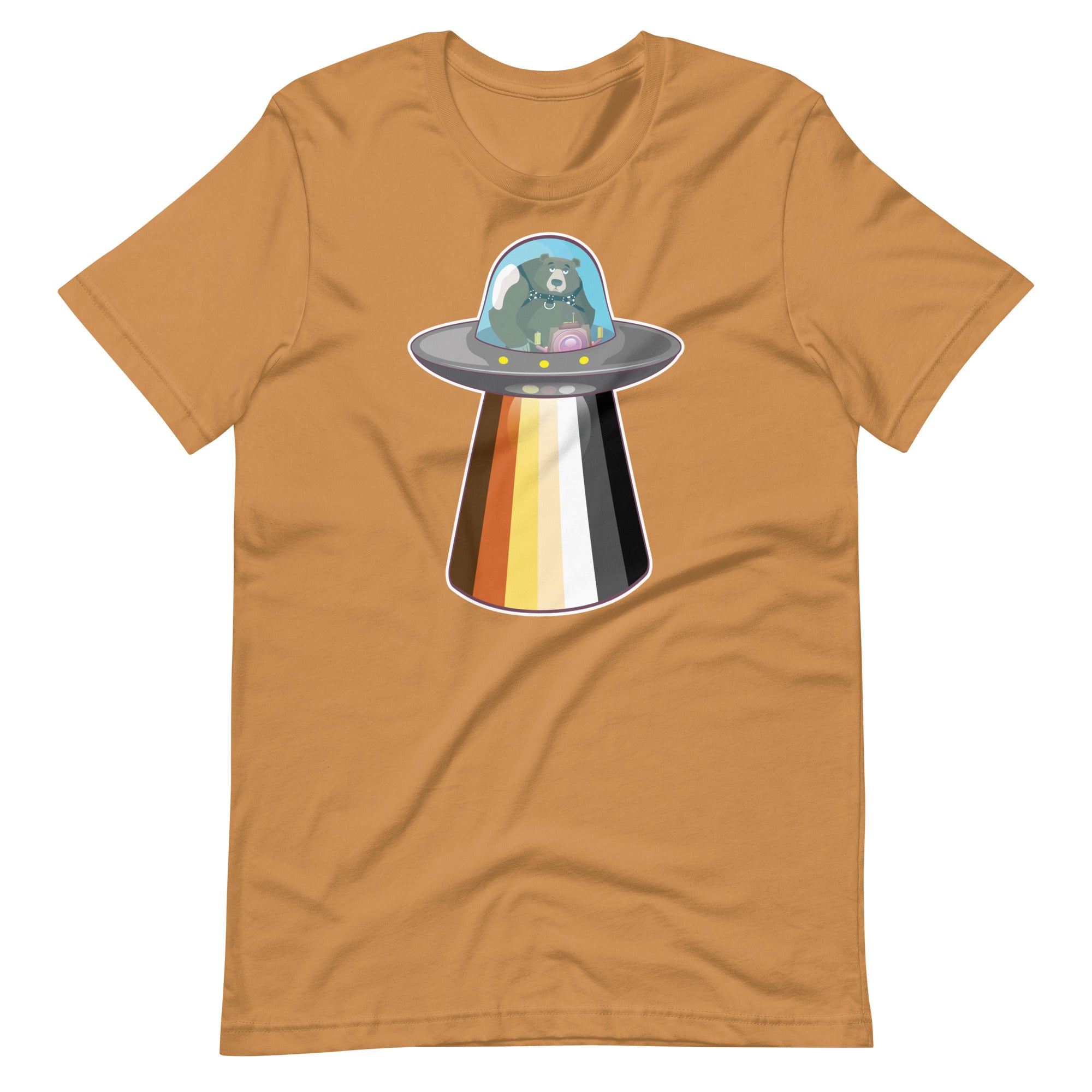 Gay bear shirt UFO bear design in toast beige flat lay - UFO Bear T-Shirt – Gay Leather Pride Tee for Bears – LGBTQ+ pride t-shirts US UK – Gay pride shirts collection – Made-to-order gay apparel