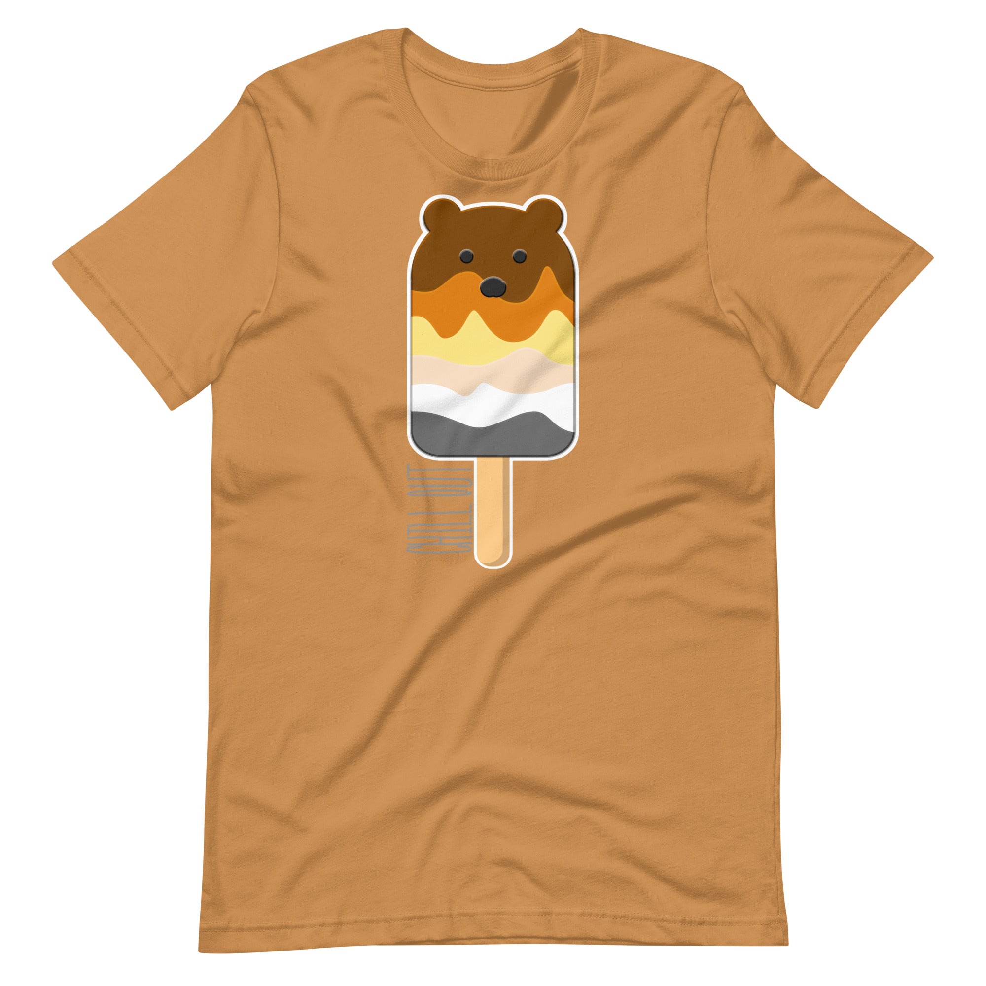 Toast color t-shirt with a bear popsicle graphic on a white background - Bear Paddle Pop T-Shirt – Gay Bear Pride Flag Parody Tee – LGBTQ+ pride t-shirts US UK – Gay pride shirts collection – Made-to-order gay apparel