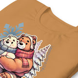 Close up of Gay bear tee in Toast with hibernating bear snuggle flat lay - Cuddly Bear Winter T-Shirt – Cozy Gay Bear Pride Snuggles – LGBTQ+ pride t-shirts US UK – Gay pride shirts collection – Made-to-order gay apparel