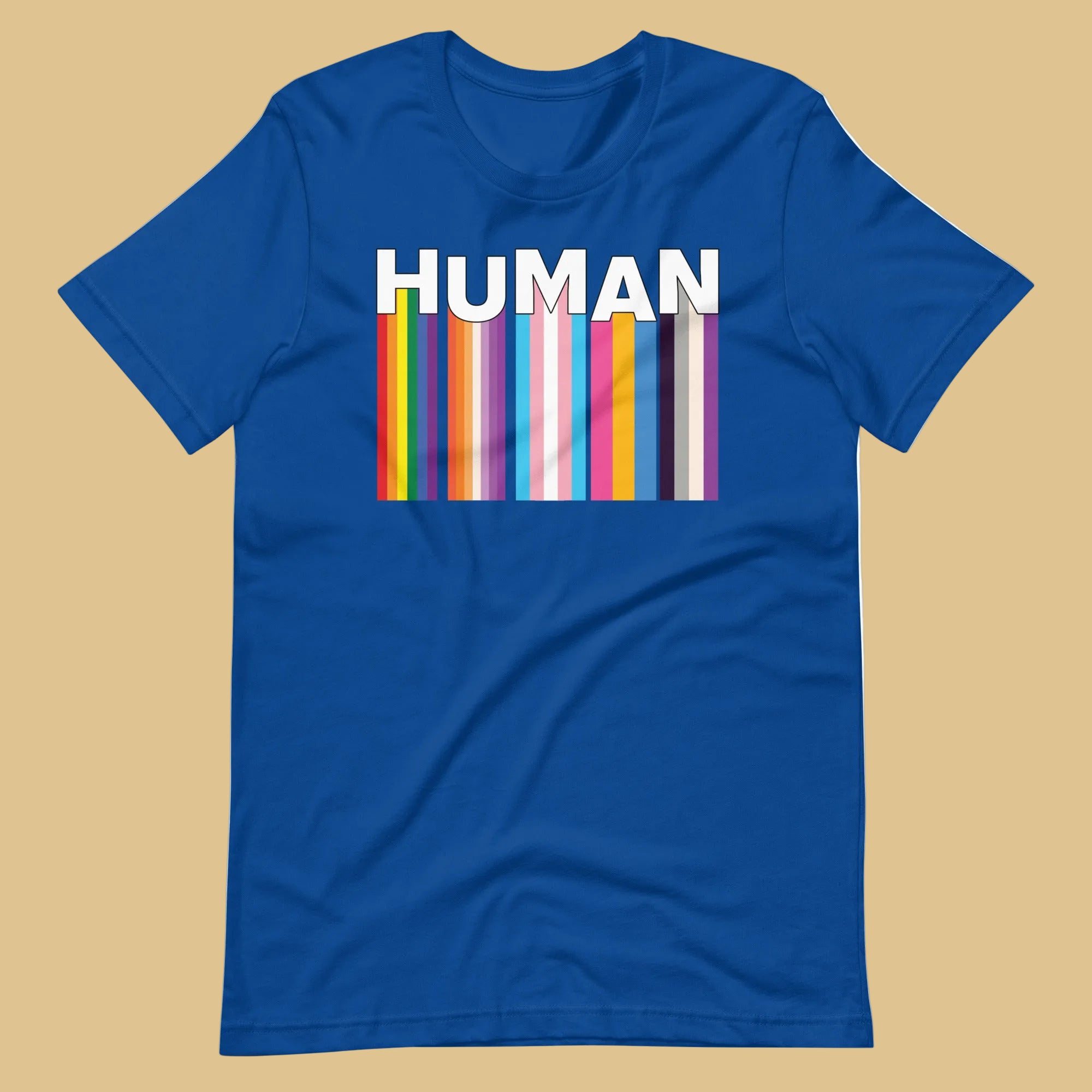 We Are Human True Royal T-Shirt Flat - BackRoom Gear - Human Rainbow Heart Pride T-Shirt – LGBTQ+ Love Unity Tee – Inclusive rainbow pride shirt – LGBTQ+ pride t-shirts US UK – Made-to-order LGBTQ clothing