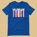 We Are Human True Royal T-Shirt Flat - BackRoom Gear - Human Rainbow Heart Pride T-Shirt – LGBTQ+ Love Unity Tee – Inclusive rainbow pride shirt – LGBTQ+ pride t-shirts US UK – Made-to-order LGBTQ clothing
