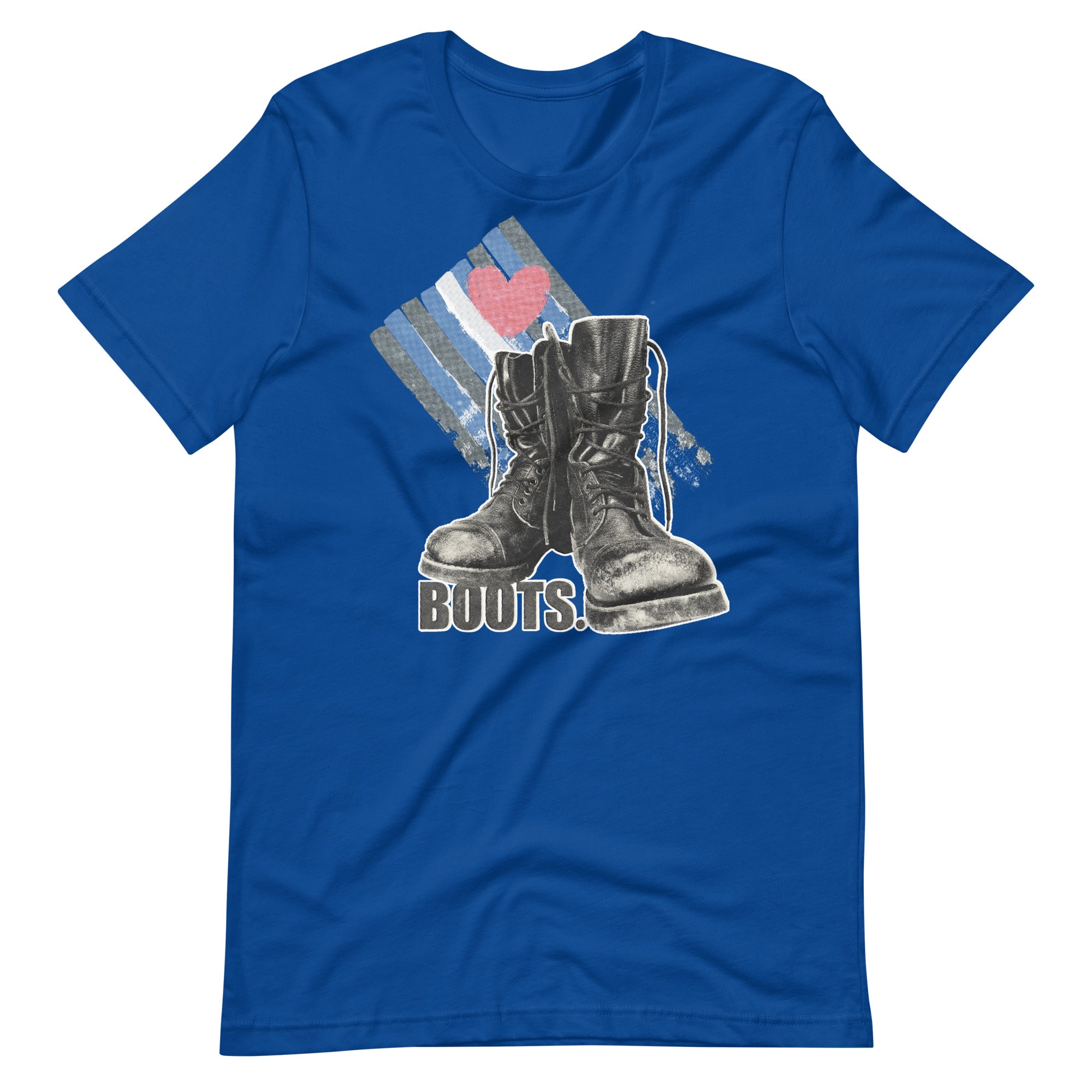 Love Boots True Royal blue t-shirt with a graphic of leather boots and the word 'BOOTS' on it - Love Boots Leather Lover T-Shirt – Gay Leather Pride Tee – LGBTQ+ pride t-shirts US UK – Gay pride shirts collection – Made-to-order gay apparel