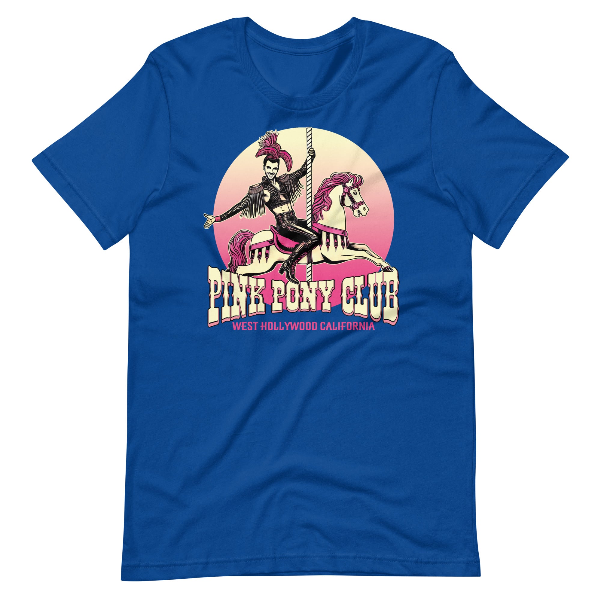 True Royal blue t-shirt with a graphic design of a leather-clad rider on a carousel pony, with the text 'PINK PONY CLUB' above the graphic - Pink Pony Club T-Shirt – LGBTQ+ Leather Pride Gay Tee – Gay pride shirts collection – LGBTQ+ pride t-shirts US UK – Made-to-order gay apparel