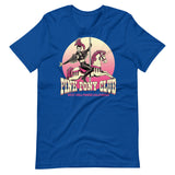 True Royal blue t-shirt with a graphic design of a leather-clad rider on a carousel pony, with the text 'PINK PONY CLUB' above the graphic - Pink Pony Club T-Shirt – LGBTQ+ Leather Pride Gay Tee – Gay pride shirts collection – LGBTQ+ pride t-shirts US UK – Made-to-order gay apparel