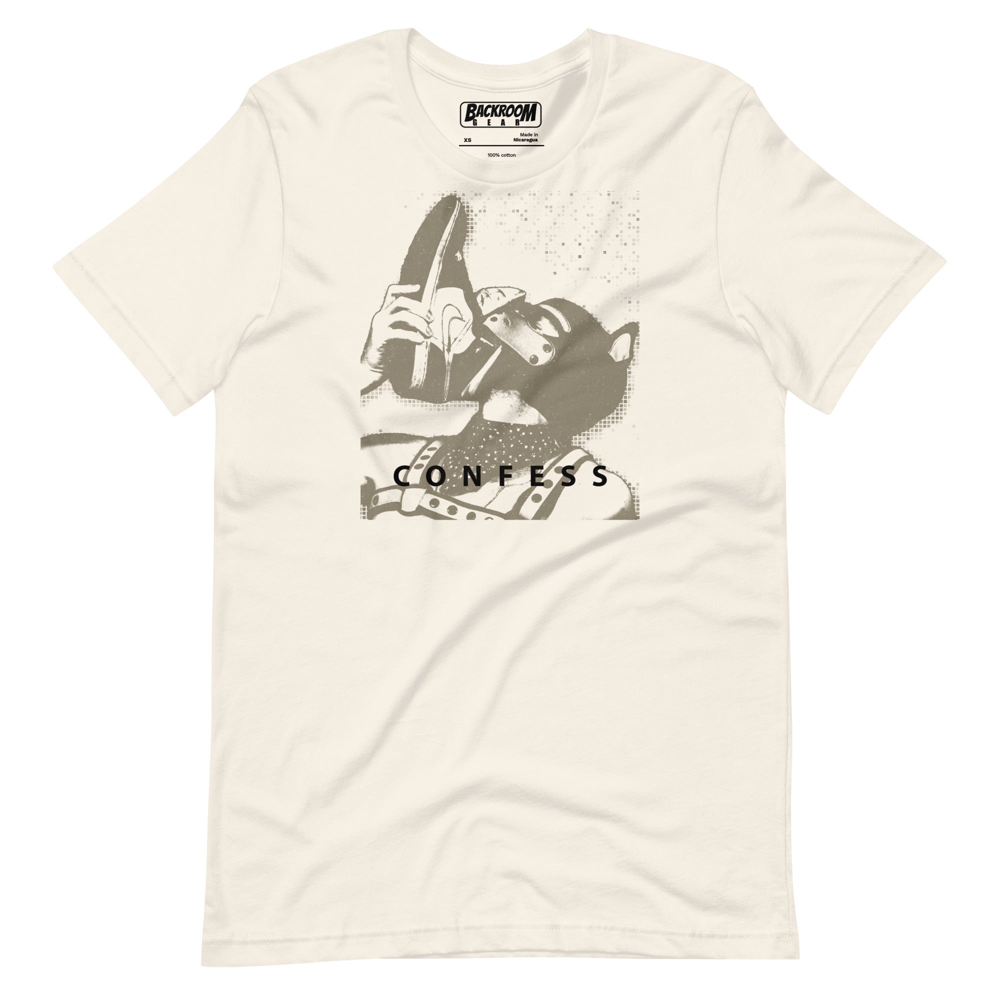 Vintage White t-shirt with a Sneaker Pup graphic design and 'CONFESS' text on a white background