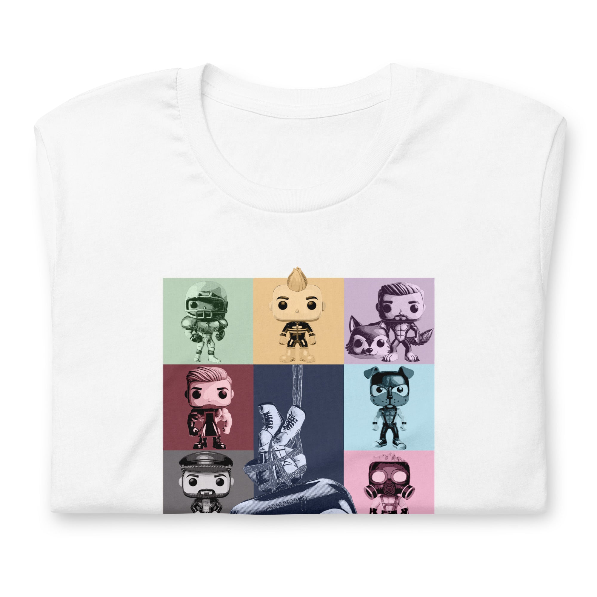 Kink Eras white shirt featuring kinky pop vinyl graphic such as fisting and watersports as a tribute to Taylor Swift's Eras Tour Poster- white Kink Eras t-shirt - LGBTQ+ kink pride parody tee by BackRoom Gear