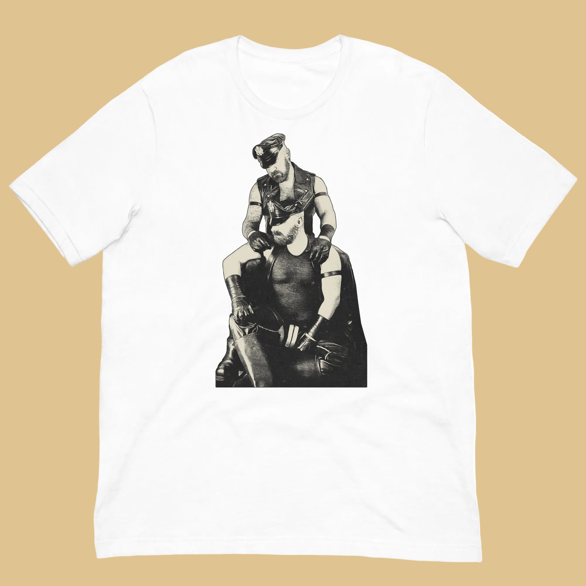 Leather Daddies Shirt-White flat-backroom gear - Leather Pride Daddy T-Shirt – Gay Leather Flag Dom Tee – LGBTQ+ pride t-shirts US UK – Gay pride shirts collection – Made-to-order gay apparel