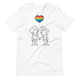 White shirt featuring a cute cartoon male couple, one wearing leathers, one wearing cowboy gear, holding hands under a rainbow heart - Leather Lovers Pride t-shirt - BDSM gay leather flag tee by BackRoomGear -LGBTQ+ pride t-shirts US UK – Made-to-order LGBTQ clothing