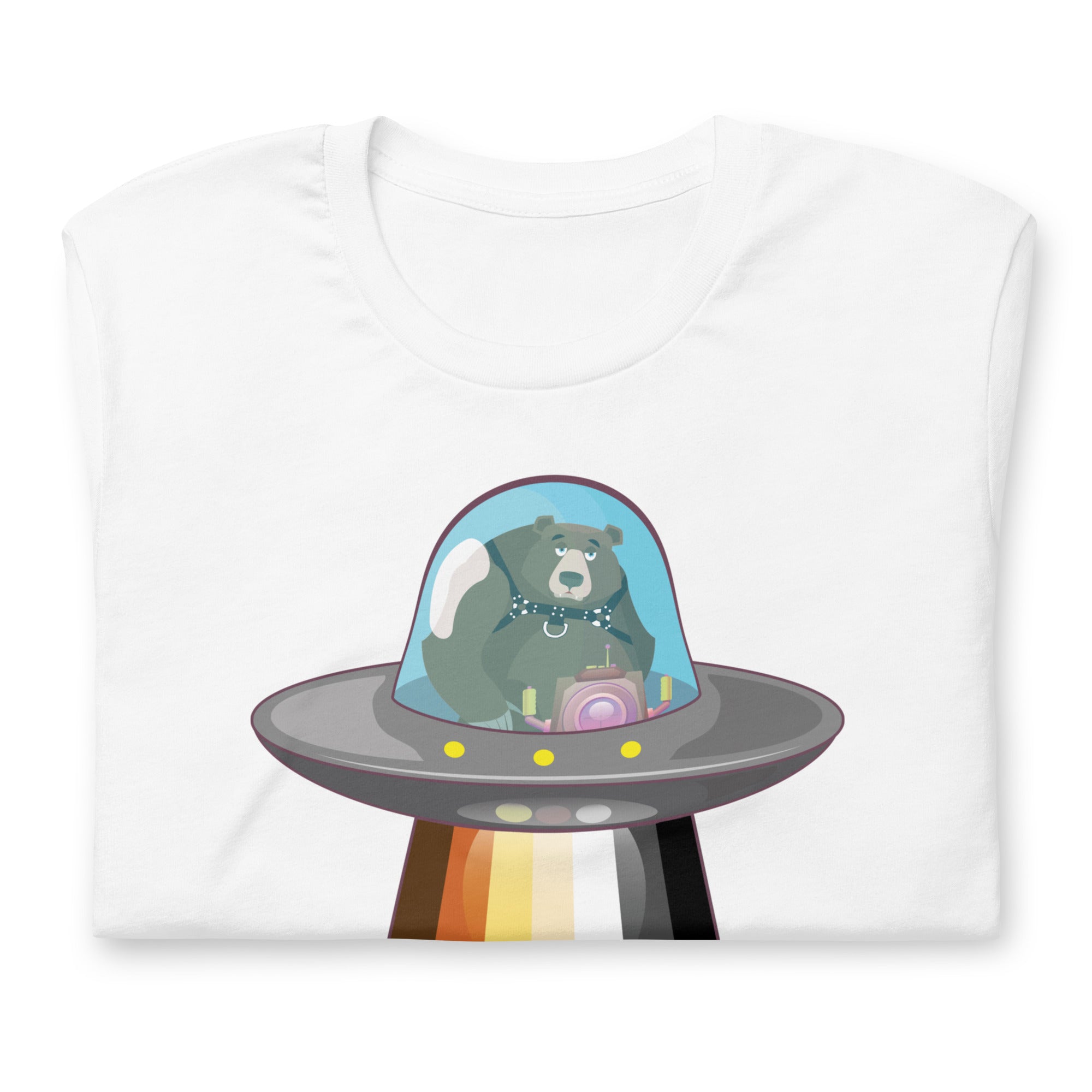 Gay bear t-shirt UFO abduction bear design in white folded - UFO Bear T-Shirt – Gay Leather Pride Tee for Bears – LGBTQ+ pride t-shirts US UK – Gay pride shirts collection – Made-to-order gay apparel
