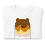 White folded t-shirt with a bear popsicle graphic on a white background - Bear Paddle Pop T-Shirt – Gay Bear Pride Flag Parody Tee – LGBTQ+ pride t-shirts US UK – Gay pride shirts collection – Made-to-order gay apparel