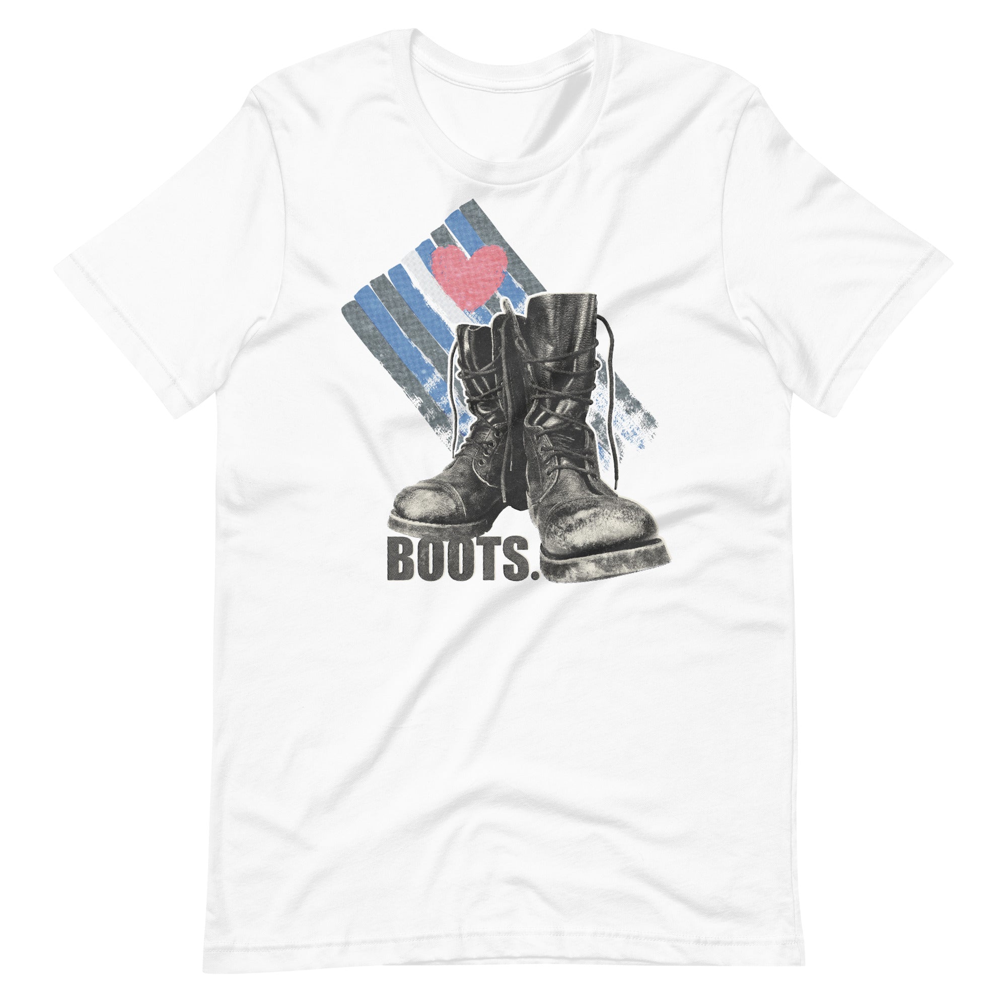 Love Boots White t-shirt with a graphic of leather boots and the word 'BOOTS' on it - Love Boots Leather Lover T-Shirt – Gay Leather Pride Tee – LGBTQ+ pride t-shirts US UK – Gay pride shirts collection – Made-to-order gay apparel
