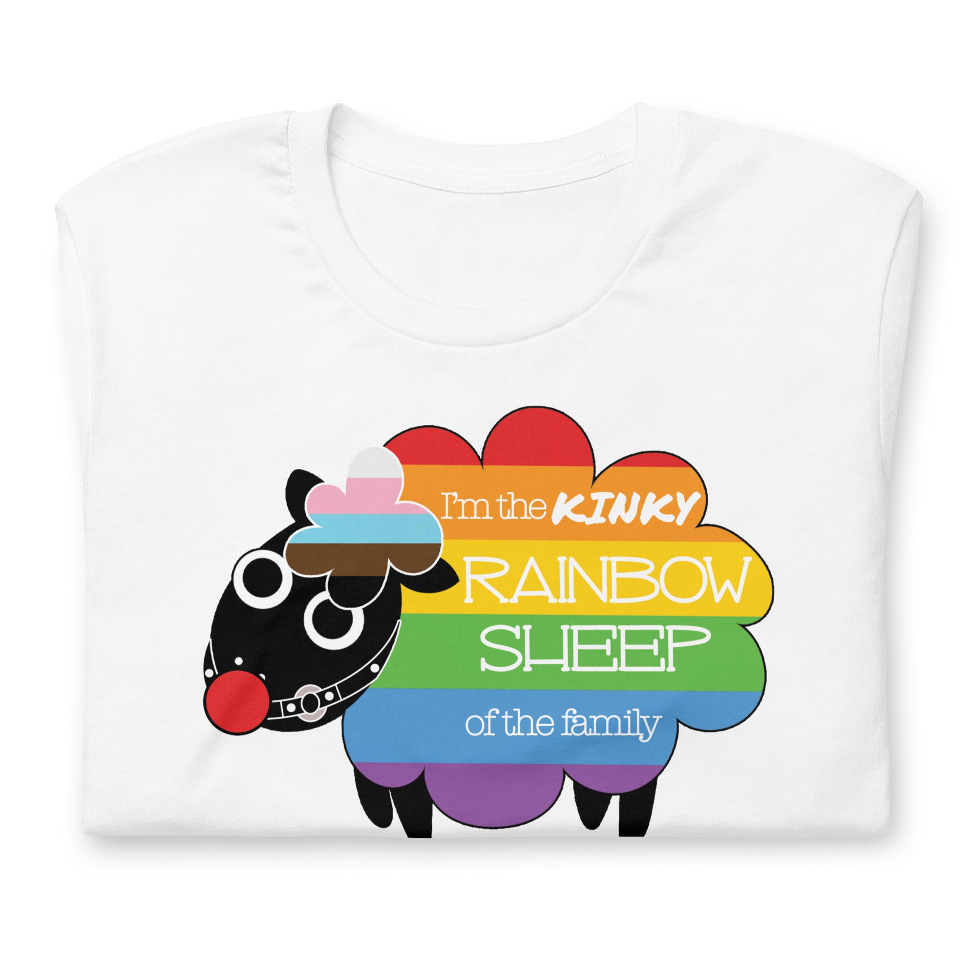 White Kinky Rainbow Sheep T-Shirt – LGBTQ+ Kink Pride Tee – Gay pride shirts collection – LGBTQ+ pride t-shirts US UK – Made-to-order gay apparel
