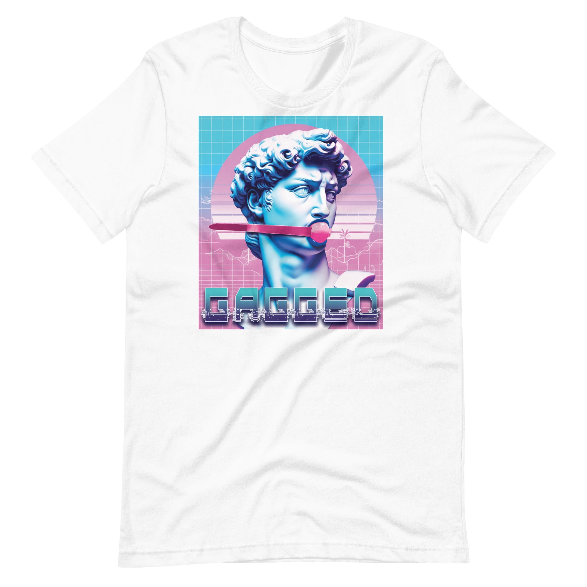 White shirt featuring a stone statue head gagged by a ball gag with a retro vaporwave background - Gagged t-shirt - bondage kink pride LGBTQ+ gay tee by BackRoomGear