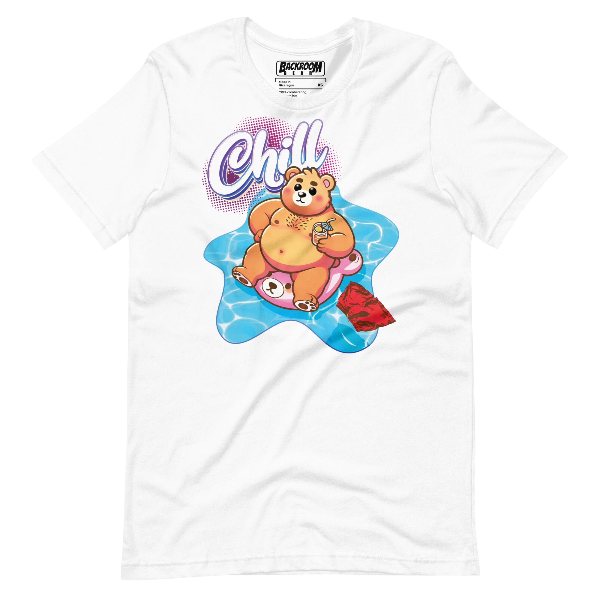 White t-shirt with a pool bear graphic and 'Chill' text on a yellow background - Bear Pool Pride T-Shirt | Chubby Bear Graphic Tee – Gay pride shirts collection – LGBTQ+ pride t-shirts US UK – Made-to-order gay apparel