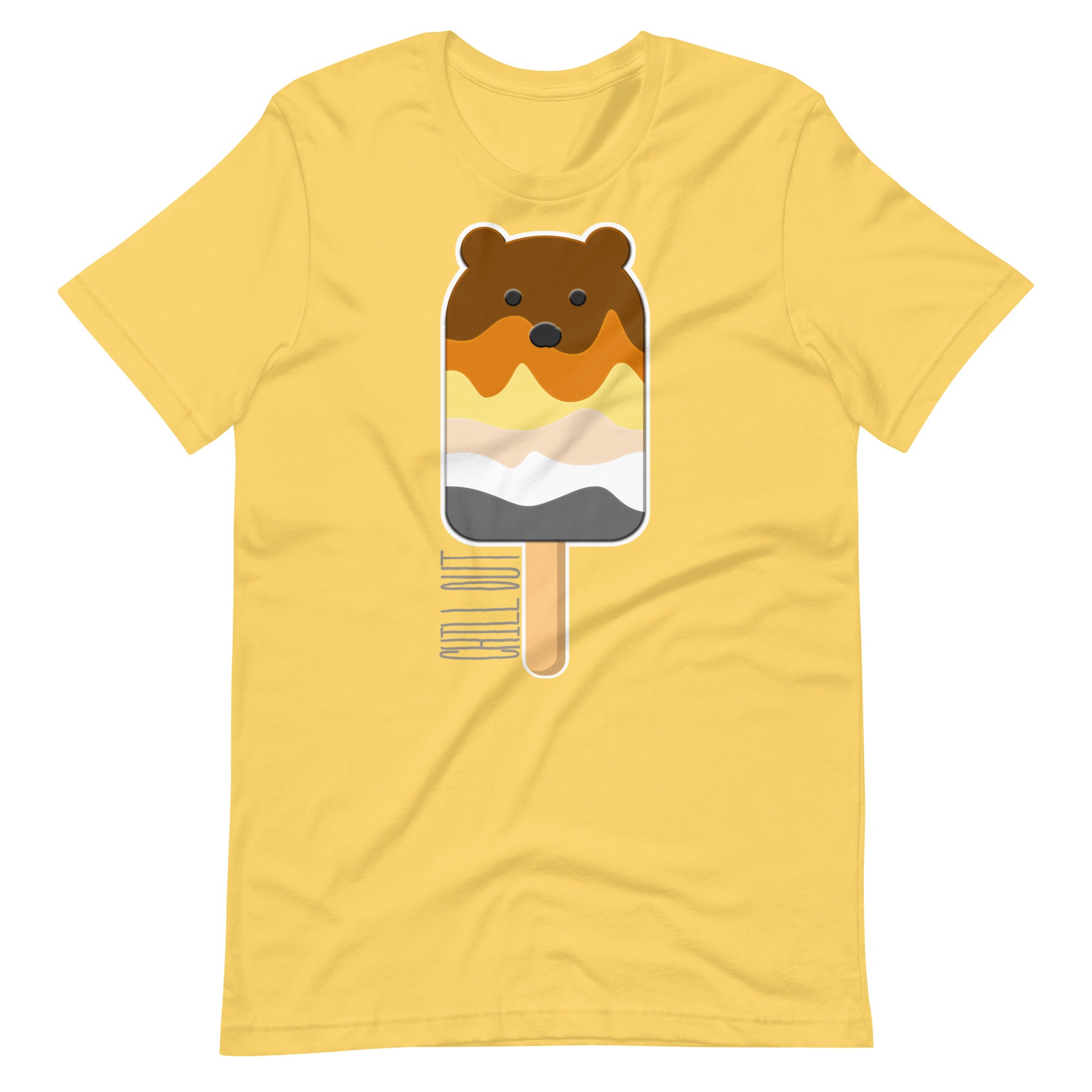 Yellow t-shirt with a bear popsicle graphic on a white background - Bear Paddle Pop T-Shirt – Gay Bear Pride Flag Parody Tee – LGBTQ+ pride t-shirts US UK – Gay pride shirts collection – Made-to-order gay apparel
